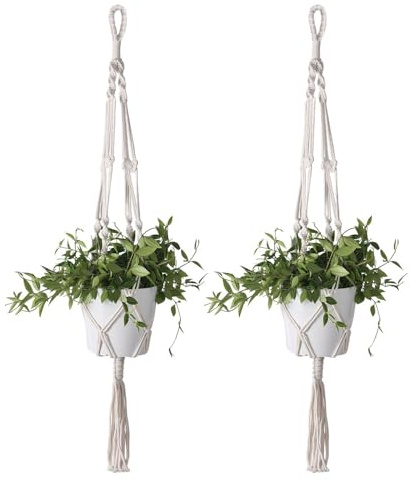 Flexzion Blumenampeln Boho Makramee Pflanzenhalter mit C- & S-Haken Handgewebter Baumwollseilkorb Böhmische Dekoration für Wohnzimmer Schlafzimmer, Pflanztopf Nicht inbegriffen, 2Stk, 104 cm