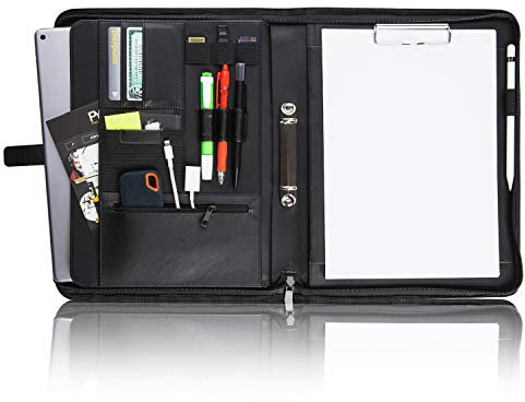 Vebon® Schreibmappe Ringbuch A4Paris I Reißverschluss + Klemmbrett I Dokumentenmappe + Laptoptasche I extra Stauraum I Kunstleder I Schwarz