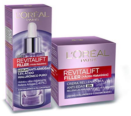 L'Oréal Paris, Set de Sérum Antiarrugas + Crema de Día, con Ácido Hialurónico Puro Revitalift Filler, Suero y Crema Facial Antiarrugas, Pieles Maduras, 30 ml + 50 ml