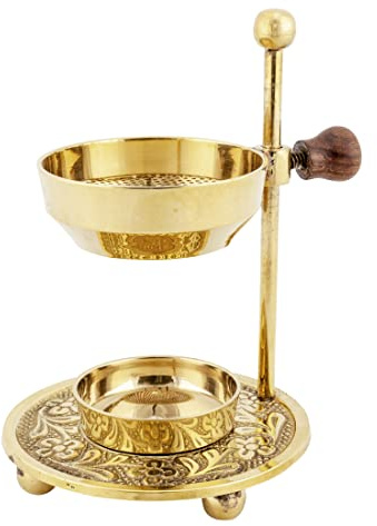 NKlaus rauchgefäss aus Messing, Gold mit Sieb und Holzgriff, 1 Stück | Handarbeit; Höhe: 11cm; Gewicht: 150g; 7,5cm; weihrauch