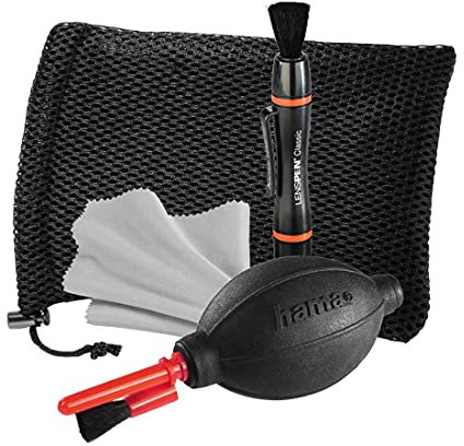 Hama Kamera Reinigungsset 4-teilig (Objektiv, Filter u. Kameralinse reinigen, mit Lenspen Reinigungsstift u. Objektivpinsel, Blasebalg mit Reinigungspinsel, Mikrofasertuch, für DSLR, Brille, Fernglas)
