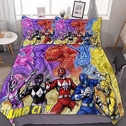 NICHIYOBI Power Rangers Bettbezug Bettwäsche Set - Bettbezug und Kissenbezug,Mikrofaser,3D Digital Print dreiteiliger Bettwäsche (9,135x200cm+ 80x80cmx2)