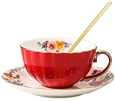 Jiotouhu Ensemble de tasses avec cuillère, tasse à thé et soucoupe vintage en céramique - Tasse à thé élégante avec cuillère et soucoupe - Tasses à thé royales en porcelaine,Vert foncé(235 ml)