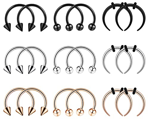 Longbeauty 16G Edelstahl Halbmond Pincher Septum Ringe C Form Buffalo Stretcher Hufeisen Nasenpiercing Ohrring Tapers Set, 12mm Innendurchmesser, 18 Pcs