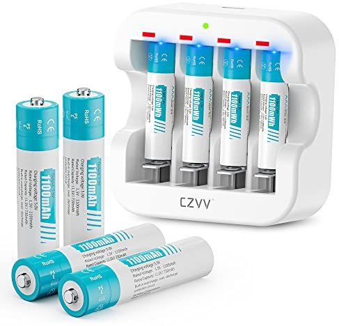 czvv AAA uppladdningsbara litiumbatterier 1,5 V - AA AAA batteriladdare med 8 st litiumbatterier hög kapacitet 1 100 mWh - Ultra snabb 2 timmar - livslängd 10 år, 1 300 cykler för leksaker,
