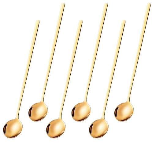 Lot de 6 cuillères à café de 17 cm, cuillères à café glacées à long manche, cuillères à expresso, cuillères dorées, cuillères à dessert, cuillères à mélanger en acier inoxydable de qualité alimentaire