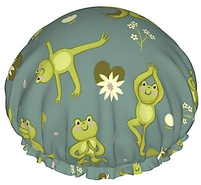 Duschhaube und Badekappe mit niedlichem Yoga-Frösch-Muster, wendbar, übergroß, wasserdicht, groß, entworfen für alle Haarlängen, elastisch, wiederverwendbar, Badekappe
