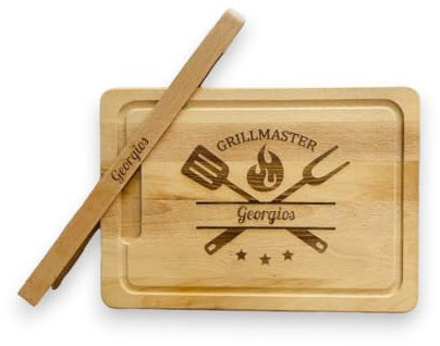 personalisiertes Geschenkset Schneidebrett mit Grillzange aus Buchenholz mit deinem Namen, ideal als Geschenk für Männer, den Grillprofi, Hobbygriller, Chef am Grill