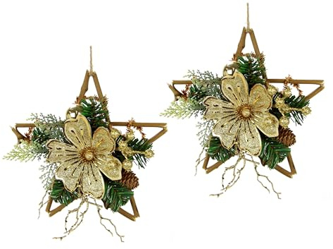 Stern aus Rattan dekoriert mit Magnolie echten Zapfen Tannenzweige Beeren Christbaumkugel Dekozweige Schleife zum Hängen Weihnacht Türdeko Deko Wand Holz Weihnachtsdeko 2er Set