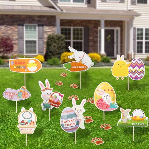 MOECSHSY Easter Hunting Arrows Kit -9 Pack Easter Egg Hunt Signs for Kids with Sticks and 20pcs Bunny Footprints for Easter Garden Decoration,Easter Party Game Supply (Multicolor2)