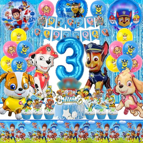 Paw Dog Geburtstag Deko 3 Jahre Set für Jungen – 39-Teiliges Party Zubehör – Leuchtende Farben, Hochwertige Ballons – Perfekt für Kindergeburtstage & Themenpartys – Einfach zu Montieren (Blau)