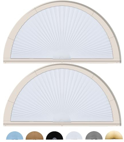 Jlong 2 Pcs 48x24 Arch Window Shade Half Circle Round Pleated Blinds No Tools Arched Light Filtering Pleated Fabric Shade Window Covering for Half Moon Semi Circle Arch Windows, Easy to Cut Install