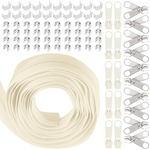Swpeet 1 rull, 10 m, #5, beige dragkedja, remsa med 20 stycken, matchande set, ersättningsset med rull, ändlös dragkedja, set med dubbla reglage