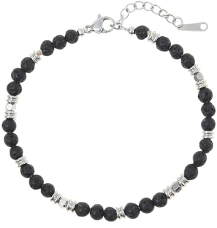 Made by Nami Perlen Armband Herren Verstellbar mit schwarzen und silbernen Perlen Wasserfester Schmuck Männer (Schwarz)