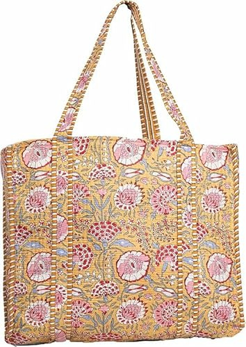 Bolsa de Lona Acolchada de Algodón, Hermoso Estampado, Bolsa de Compras de Mercado, Bolsa de Playa, Bolsa de Hombro, Diseño 10, Height:-15 inch