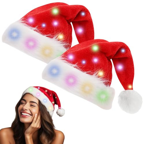 BORDEAG LED Weihnachtsmütze, 2 Stück Erwachsene Nikolausmütze mit Leuchtendem, Plüsche Weihnachtsmann Mütze, Plüsch Rote Santa Mütze für Weihnachten Neujahr Partys Neujahrsgeschenk