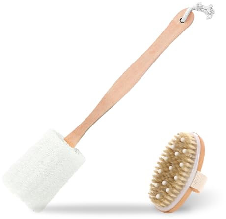 Loofah Sponge Back Scrubber Loofah Bath Brush for Effective Exfoliation, Long Wooden Handle Body Scrubber and Bath Body Brush with Gentle Massage Nodes