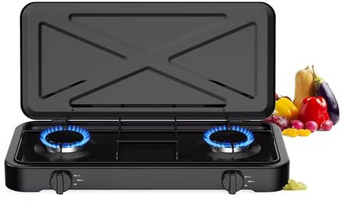 HLGKBY Camping Double Burner Camping Stove, 4.4KWCamping Stove Gas Portable with Lid,Outdoor Camping Cooker LPG,Adjustable Temperature Control, Automatic Ignition System for Picnic, Barbecue, Camping