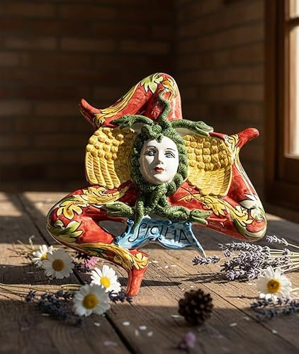 Generico Trinacria in ceramica Siciliana di Caltagirone realizzata a mano, decorazione artigianale (Rosso, 28 CM)