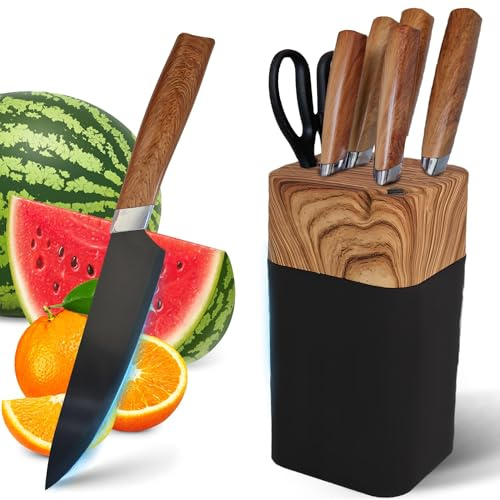 Retoo 6-teiliges Messerblock Set 5 Messer 1 Gemüseschere Brotmesser Chefmesser Gemüsemesser Messerständer Küchenmesserset Schneidemesser Brotmesser von Fleisch Gemüse Obst Messerscheide Holz Schwarz