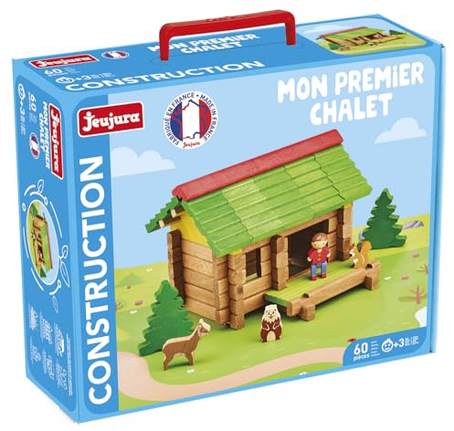 JEUJURA - Mon Premier Chalet 60 Pièces - Jeu Construction dès 3 Ans - 8239 | Jeu en bois enfant - Personnage, animaux et tapis de jeu inclus - Valisette de rangement - Imagination - Fabriqué en France