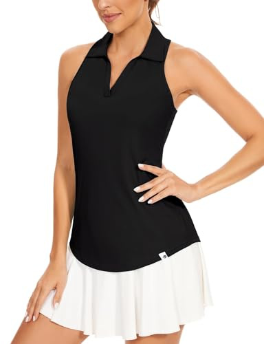 Soneven Polo sin mangas para mujer, deportivo, acanalado, cuello en V, camiseta funcional, camiseta sin mangas, transpirable, de secado rápido, para golf y tenis, Negro , L
