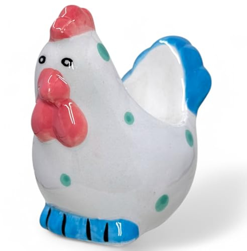 MIJOMA Eierbecher Hahn – Handbemalte Keramik, lasiert – 10 cm – Ostern Deko – Vintage Landhaus-Stil – Hühner Eierhalter (Blau)