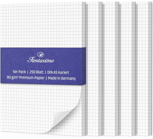 Fantastino Notizblock A5 Kariert - 5er Vorteils-Pack (250 Blatt) | Premium-Papier 90 g/m². Tintenfest & durchdrucksicher. Kleine Schreibblöcke, Block abreißbar für Büro, Haushalt, Schule & Uni