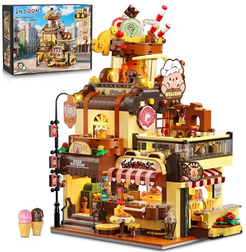 INSOON Stadt EIS Häuschen Bausteine mit Licht, 1377 Stück Dessert Laden Bauspielzeug mit Schokoladen Sundae Kugel, Süß Klemmbausteine Modell für Erwachsene Jugendliche Kinder Jungen Mädchen ab 12+