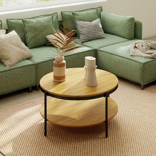 Manora Couchtisch Rund Holz, Runder wohnzimmertisch Klein 80 cm,Sofatisch mit stauraum 2 Ebenen, Eiche-Optik Metallfüße mit Stahlrahmen(Hell Eiche)
