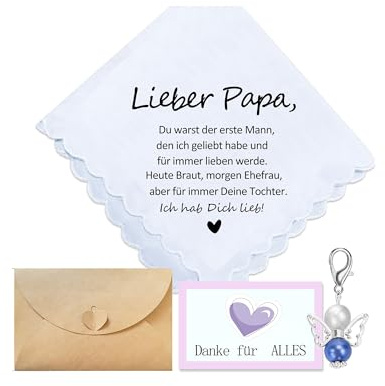 MKISHINE Hochzeits-Taschentuch für Papa, Freudentränen Geschenkset mit Karte und Schutzengel-Anhänger, | Hochzeit | Stofftaschentücher | Hochzeitsgastgeschenk Taschentuch Papa- Freudentränen ﻿