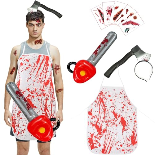 AYNKH 4PCS Costume de boucher de scie, tablier sanglant, autocollants de tatouage réalistes, couteau en tête, scie à chaîne gonflable, décorations effrayantes de fête de carnaval d'Halloween