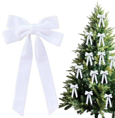 Samtschleifen für Weihnachtsbaum, elegante Vintage-Samtschleife für Baum, Zuhause, Kokette, Zimmer, Geburtstag, Party, Haustür, Hochzeit, Urlaub, Dekoration, Weiß, 12 Stück