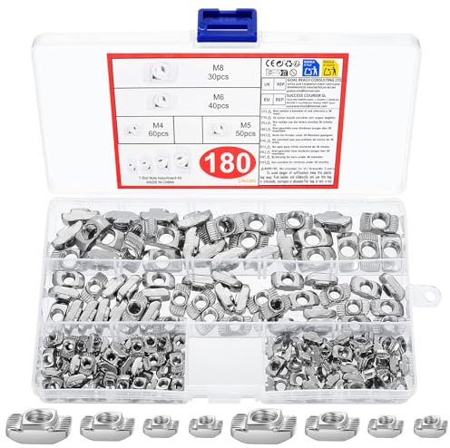180 Stück Nutensteine M4 M5 M6 M8, Hammermutter T Nut Muttern, Aluprofil Nutensteine, T Slot Muttern Set, Hammerkopf Befestigungsmutter, Hammerkopfmutter für 2020 3030 4040 Profil Aluminiumprofil
