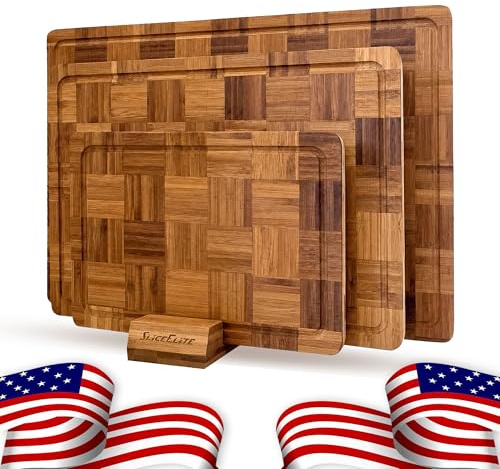 SliceElite Extra Large Bamboo Cutting Board Set 3 Piece End Grain Wooden Chopping Boards with Holder Non Slip Feet Juice Groove XL Butcher Block Style Boards for Kitchen Carving and Serving