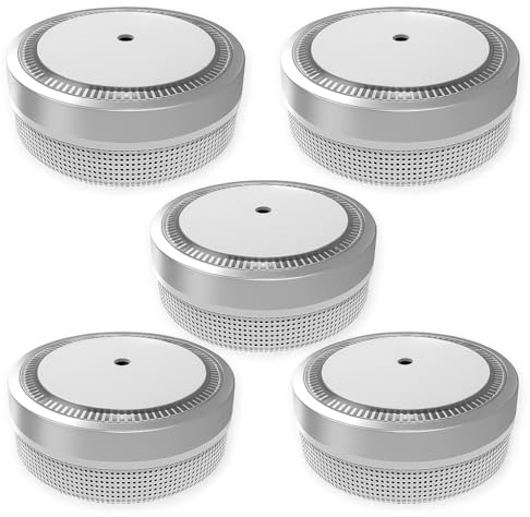 NEMAXX Pack de 5 detectores de humo M1-Mini – Detector fotoeléctrico de alarma según DIN EN 14604 – Batería de litio integrada de 3 V – Diámetro 71,6 mm Mini Diseño – Plata