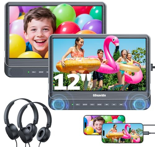 GOnavidio 12 DVD Player Auto 2 Bildschirme mit 1080P HDMI-Eingang, Tragbarer Fernseher Kopfstütze 2 Monitore für Kinder Unterstützt Letzter Speicher, AV In/Out, Sync Screen, USB-SD-Karte (12 Zoll)