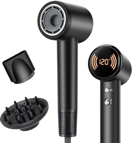 Haartrockner, Ionen Föhn mit LCD-Temperaturanzeige, Hair Dryer 110.000 U/min Bürstenloser Motor, Leise & Schnelltrocknend, Kompakter Reisefön mit Diffusor & Styling-Düse, Haarfön für Reise-Zuhause
