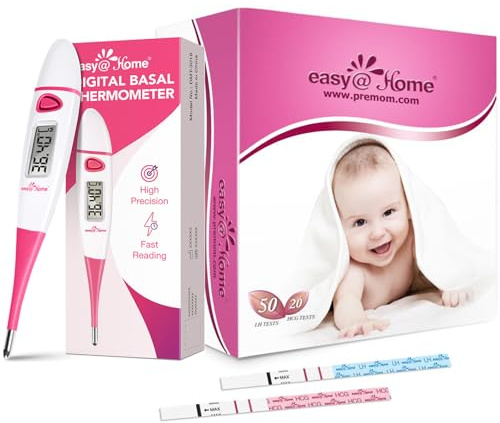 Easy@Home Fruchtbarkeits-Set mit 50 Ovulationsteststreifen, 20 Schwangerschaftsteststreifen, digitalem Basalthermometer mit 1/100-Grad-Genauigkeit, Speicherfunktion, Premom-App-Scankompatibilität (3 A