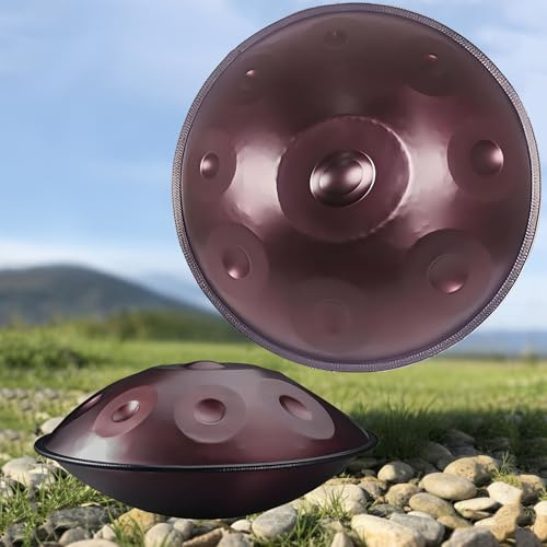 Tamburo A Mano Handpan 440Hz 432Hz Handpan Drum 9 10 12Toni 22 Pollici Handpan Instrument Re Minore, Strumento A Percussione, Tamburo in Acciaio con Tasche Bacchette Supporto(Brown,432HZ/12Note)