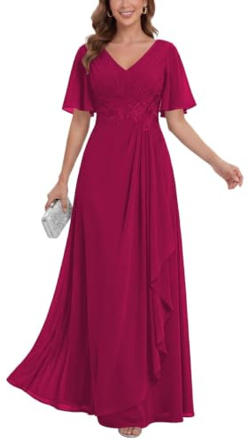 KIYNE Vestido de gasa para mujer con mangas y apliques de encaje, vestido formal para invitada de boda, fucsia, 42