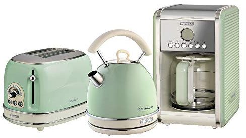 Ariete ARPK14 Retro Style Dome Kettle, 2 Slice Toaster and Filter Coffee Machine Set, Vintage Design, Green