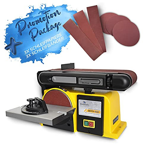 BAMATO Band- & Tellerschleifer BDTS-900 | inkl. Schleifset und Klettauflage | 7,3 m/s Bandgeschwindigkeit | Tellerdurchmesser 150mm | Auflagetisch schwenkbar bis 45 Grad | Bandschleifmaschine