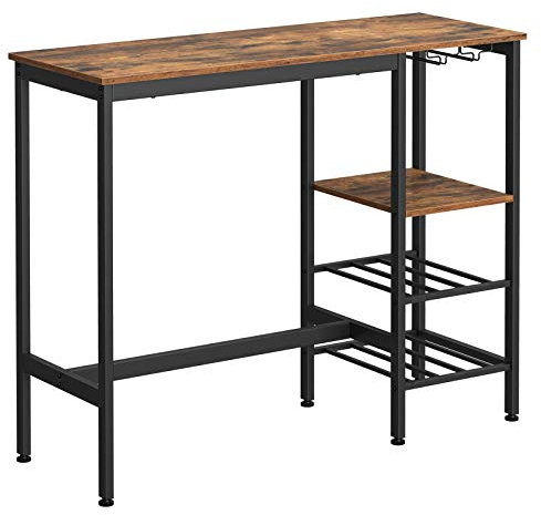 VASAGLE Stehtisch, Bartisch, 110 x 40 x 90 cm, mit Halterungen für Weingläser und Flaschen, Küchentisch, für Wohnzimmer, Küche, Industrie-Design, vintagebraun-schwarz LBT013B01