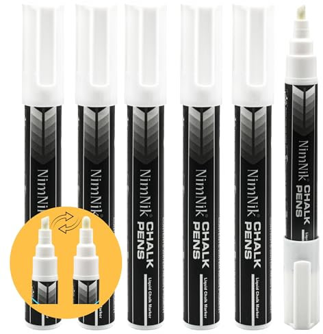 NimNik Kreidemarker, weiß, 6 mm, wendbare Spitze, feucht abwischbar, Flüssigkreidestifte für Glas, Fenster, 6 Stück