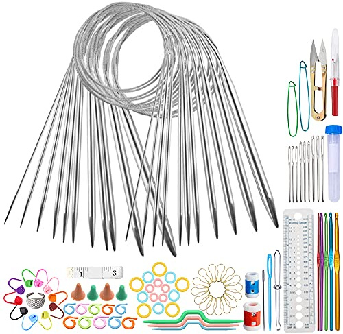 Gativs Ferri Circolari 11 Pezzi 80cm Ferri da Maglia Circolari Ferri Circolari Intercambiabili Ferri Circolari Aghi Circolari in Acciaio Inox Ferri Maglia con Ferri da Maglia Strumenti