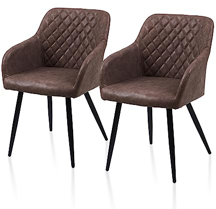 TUKAILAI 2er Set Esszimmerstühle Kunstleder Stühle Braun | Küchenstühle mit Armlehnen,Rückenlehne,Metallbeinen Moderne Polsterstuhl für Esstisch Küche Wohnung,abwischbare Oberfläche