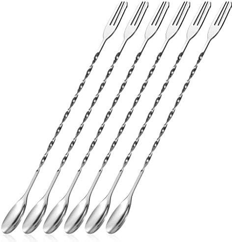 Cocktaillöffel Barlöffel Edelstahl Cocktail-Rührlöffel Gabel Langer Spiralmuster Cocktail-Mixlöffel 32cm 6 Stück (Silber)