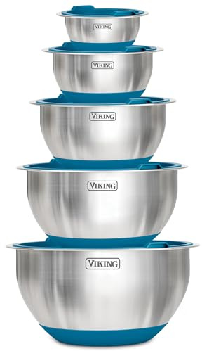 Viking Mixing Bowls Set, 10 Piece Stainless Steel Kitchen Cookware, Non-Slip Silicone Base, Includes Tight Fit Lids, Dishwasher Safe, Teal