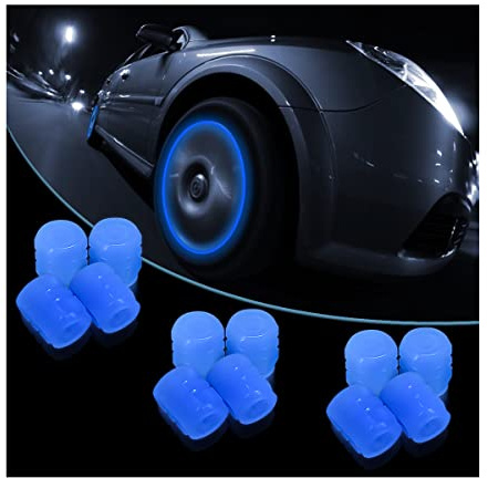 Luminous Tire Valve Stem Caps for Car, 12PCS Fluorescent Glow in The Dark Air Caps Cover, Illuminated Corrosion Resistant Tire Pressure Caps, Universal for Car, Truck, SUV, Motorcycles, Bike (Blue)